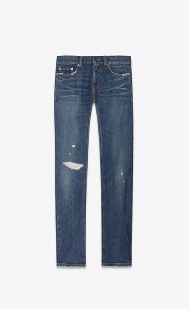 Distressed skinny jeans in indigo blue denim